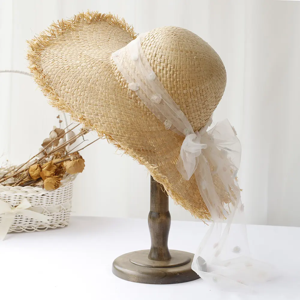 Girl's hat Bow fisherman hat bucket hat bucket hat UV Protection sun hat For Beach Lafite straw hat Vacation handmade straw hat
