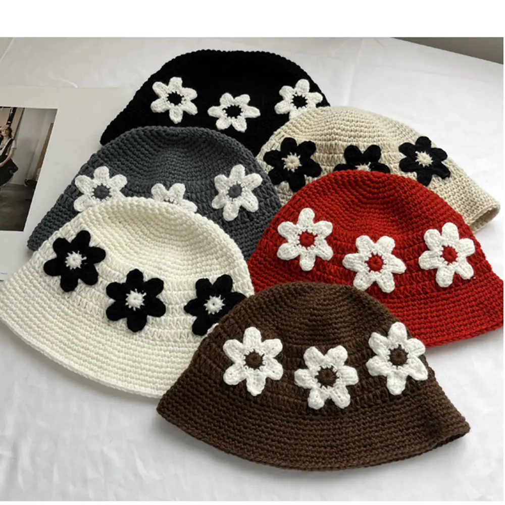2023 Flower Pot Cap bucket hat Japan Soft Knitted Women Korean Knit Pink Vacation Streetwear Painter Autumn Winter Hat Wholesale