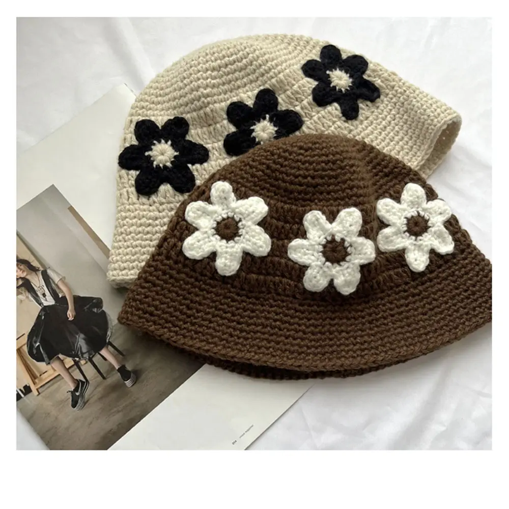 2023 Flower Pot Cap bucket hat Japan Soft Knitted Women Korean Knit Pink Vacation Streetwear Painter Autumn Winter Hat Wholesale