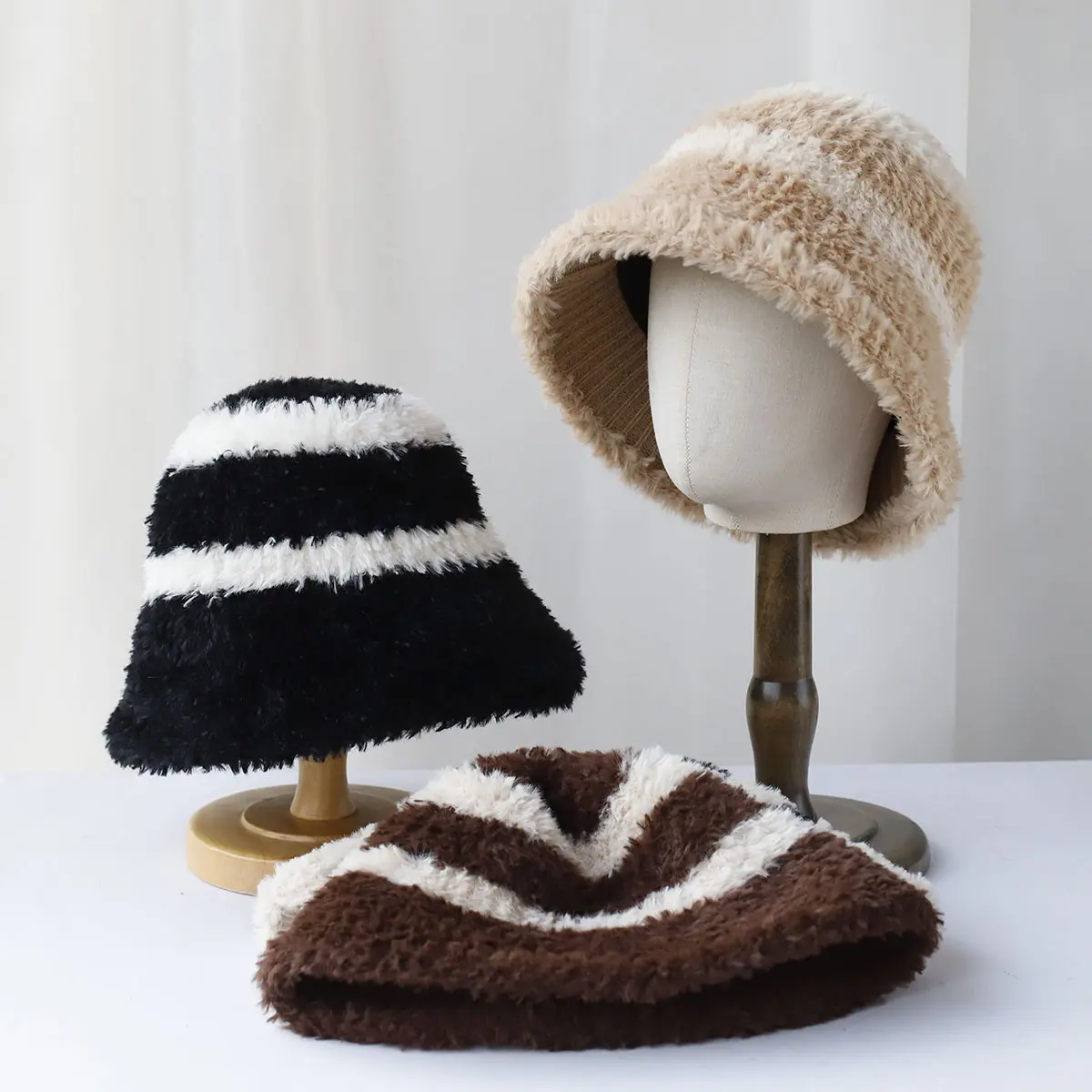 wide brimCashmere Knitted hat Dome hat stripe bucket hat fisherman hat man Snow peak Big sizehat Winter hat accessories ski mask