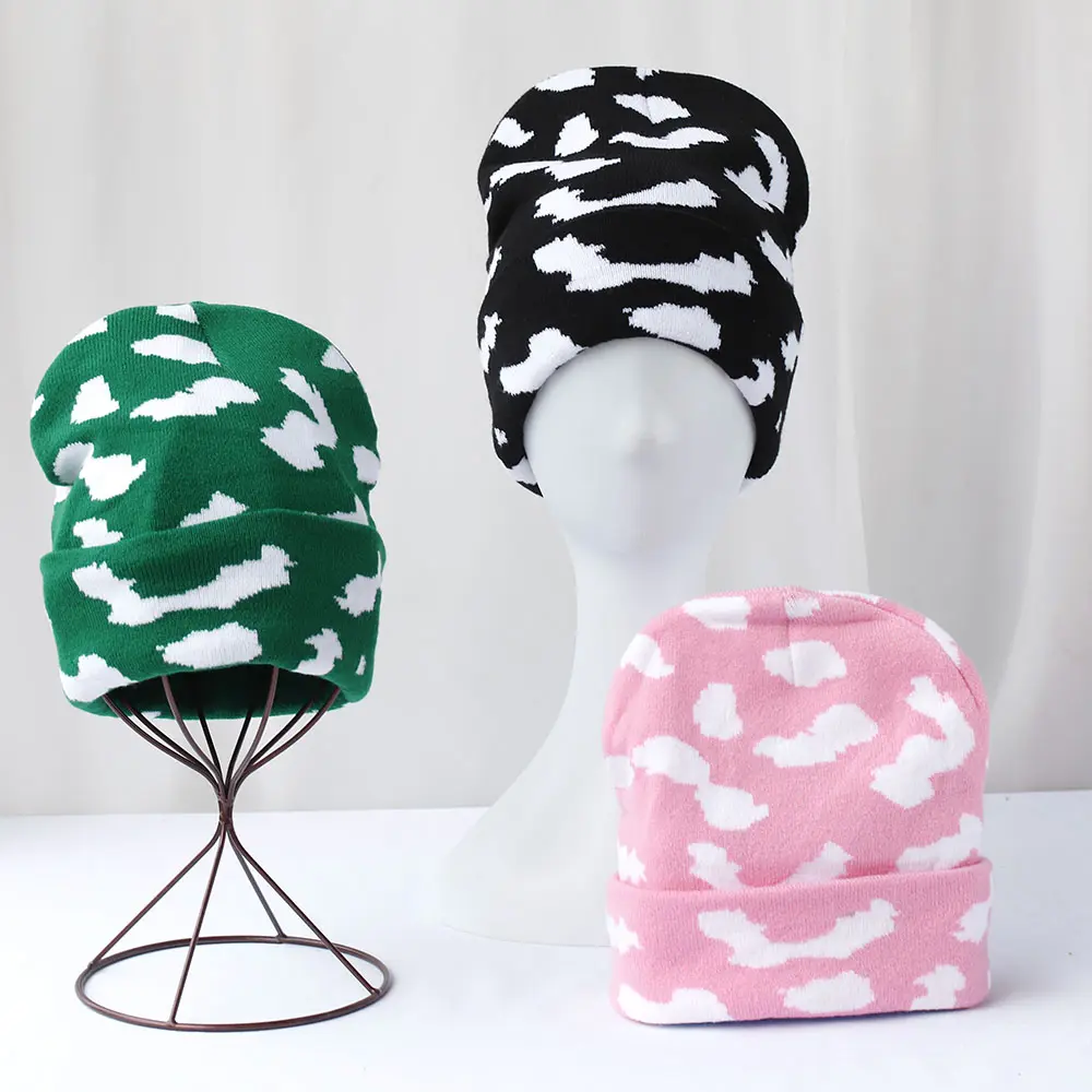 Girl warm Ski cap thickening Cow dot winter knitted Toddler beanie hats Embroidery Knitted Hat y2k acrylic hip hop dice hat caps