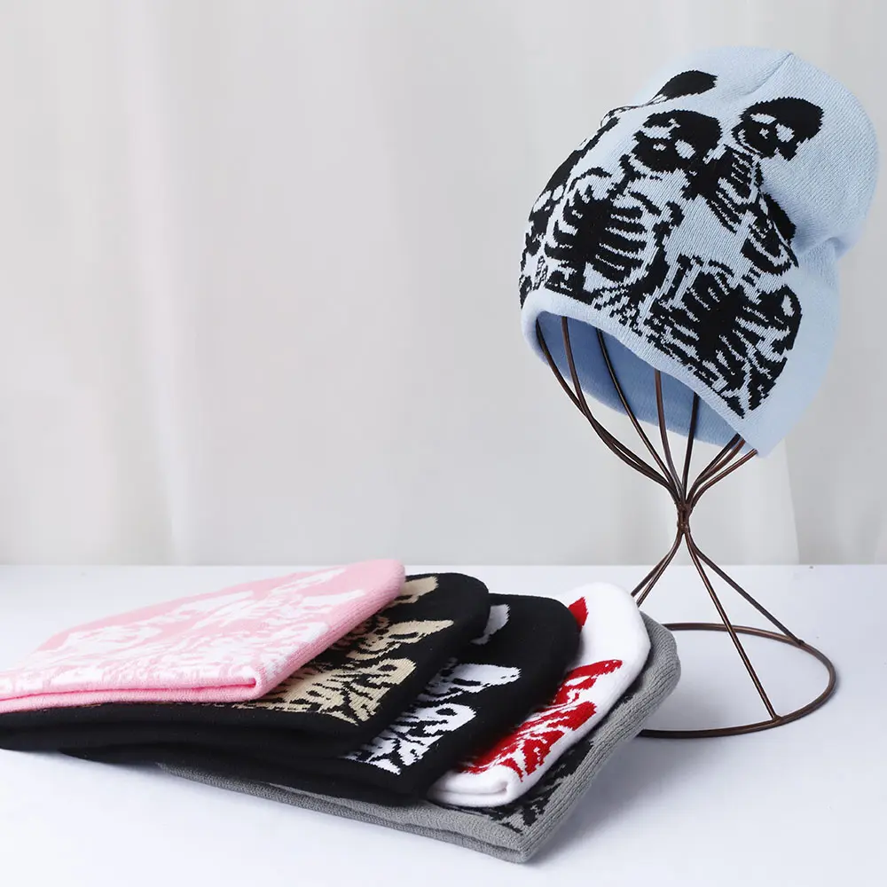 warm humano skeleton Ski cap popular winter knitted Toddler beanie hats Embroidery Knitted Hat y2k acrylic hip hop dice hat caps