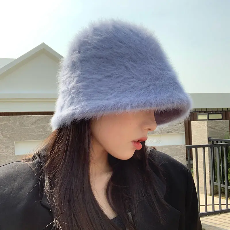 2025 Hat winter women's fashion Solid color with letter rabbit fur hat bucket cap Y2K fashion knitted wool basin Bucket Hat