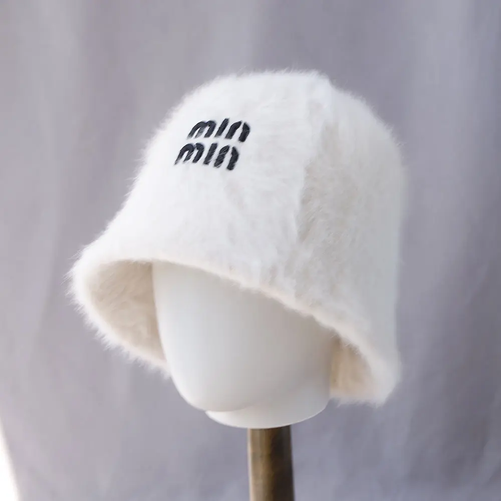 2025 Hat winter women's fashion Solid color with letter rabbit fur hat bucket cap Y2K fashion knitted wool basin Bucket Hat