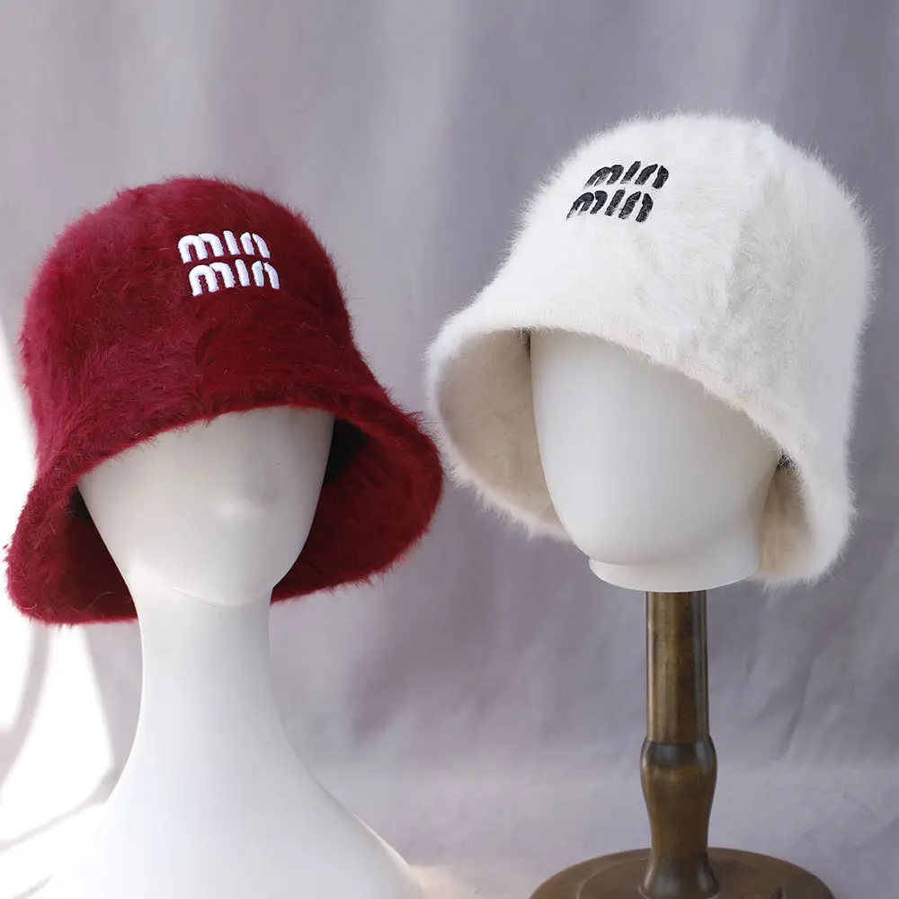 2025 Hat winter women's fashion Solid color with letter rabbit fur hat bucket cap Y2K fashion knitted wool basin Bucket Hat