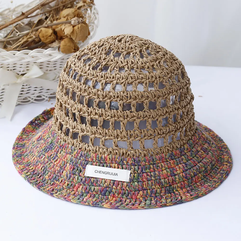 Hollowed out sun hat fashion Style bucket hat Multicolor Foldable Sun Crochet Hat For Beach Travel Vacation handmade straw hat
