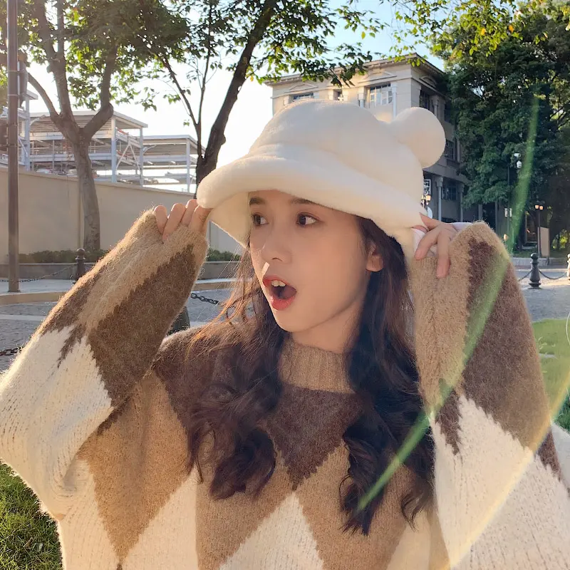 2023 NEW Fashion Autumn Winter Leopard Fur Bucket Hat Bear Ear Ball Plush Fisherman Hat Soft Warm Thick Basin Bucket Hats