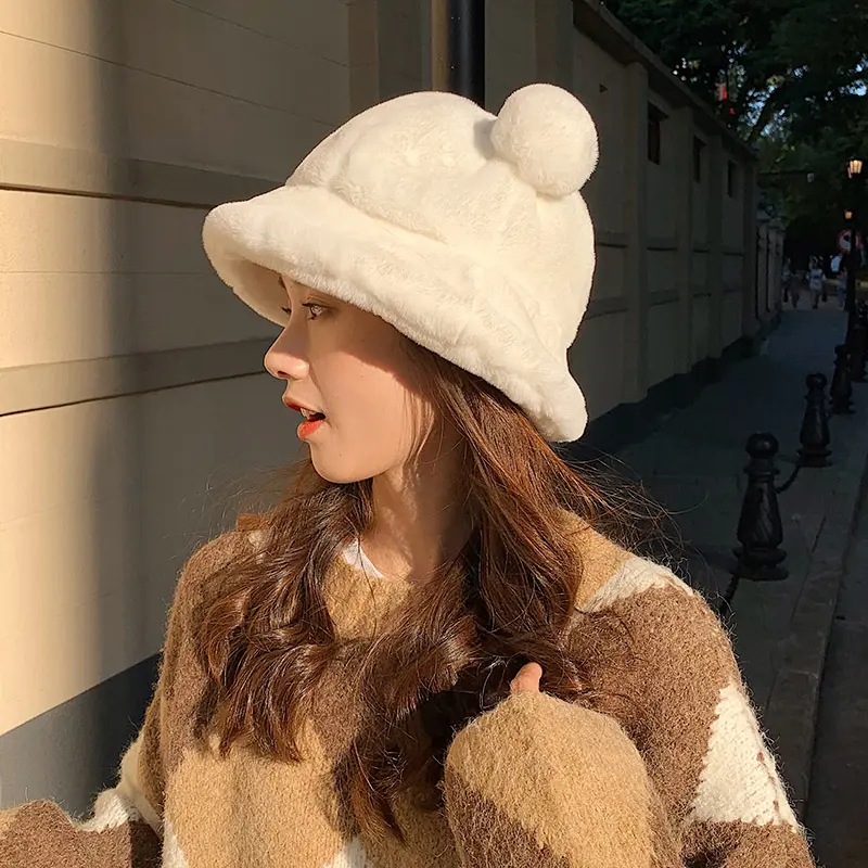 2023 NEW Fashion Autumn Winter Leopard Fur Bucket Hat Bear Ear Ball Plush Fisherman Hat Soft Warm Thick Basin Bucket Hats