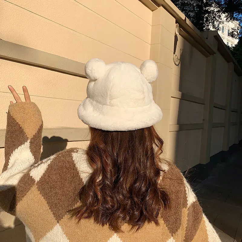 2023 NEW Fashion Autumn Winter Leopard Fur Bucket Hat Bear Ear Ball Plush Fisherman Hat Soft Warm Thick Basin Bucket Hats