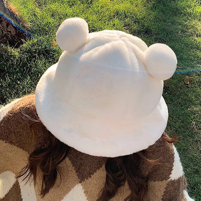 2023 NEW Fashion Autumn Winter Leopard Fur Bucket Hat Bear Ear Ball Plush Fisherman Hat Soft Warm Thick Basin Bucket Hats
