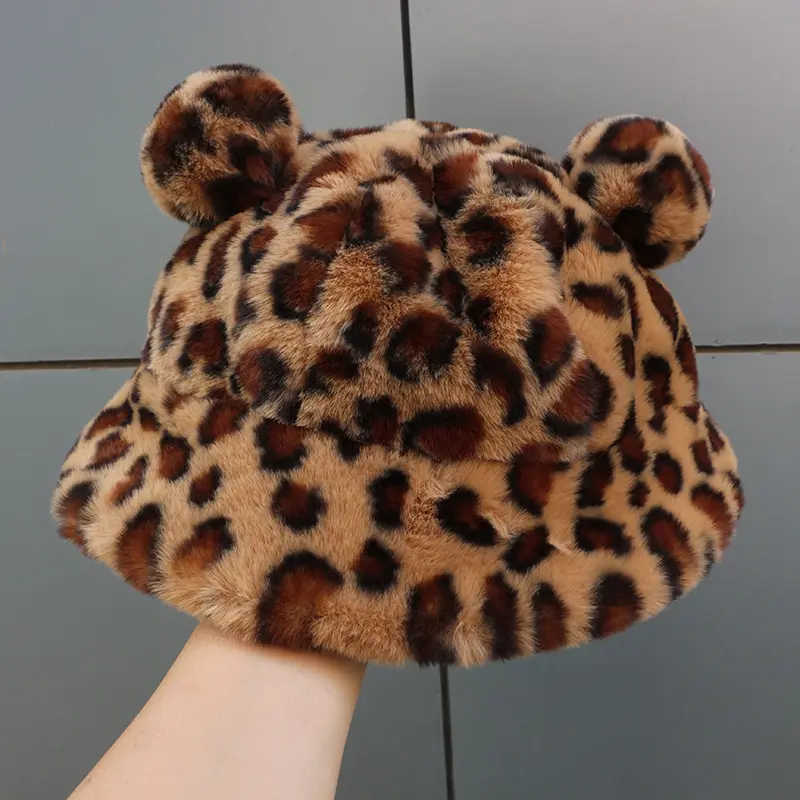 2023 NEW Fashion Autumn Winter Leopard Fur Bucket Hat Bear Ear Ball Plush Fisherman Hat Soft Warm Thick Basin Bucket Hats