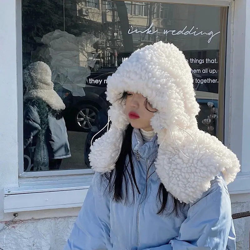 Artificial lamb hair Cashmere Hooded Neck Collar Cap Head Drawstring Thick Beanie Winter Warm Solid Color Adjustable Elastic Hat