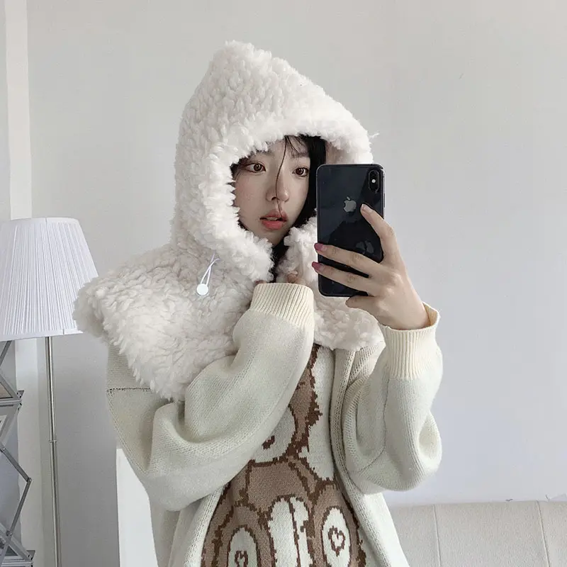 Artificial lamb hair Cashmere Hooded Neck Collar Cap Head Drawstring Thick Beanie Winter Warm Solid Color Adjustable Elastic Hat