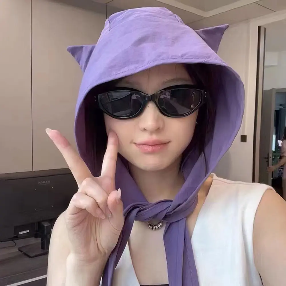 Cute Devil Corner Summer Concave Shape Quick Drying Thin Headscarf Hat Y2k Adhesive Strap Big Head Circumference Fisherman Hat
