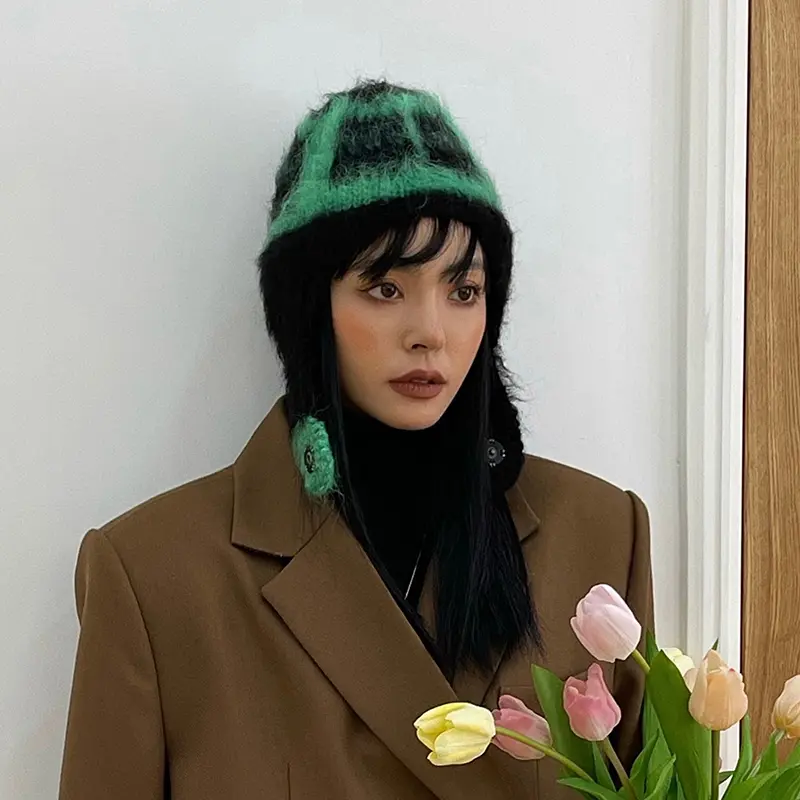 Knitted mink hair Winter hats Hat with earflaps hat Russian Winter caps fur hood hat wool Women's Bomber Hats warm Beanies cap