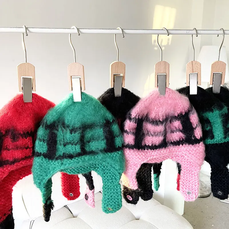 Knitted mink hair Winter hats Hat with earflaps hat Russian Winter caps fur hood hat wool Women's Bomber Hats warm Beanies cap