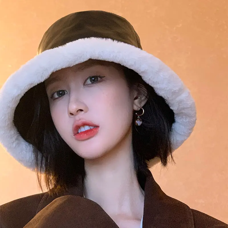 2020 Autumn Winter Bucket Hats Women PU leather Panama Hat Thick Warm Plush Fisherman Cap For Girl crimping Basin Hat kapelusz