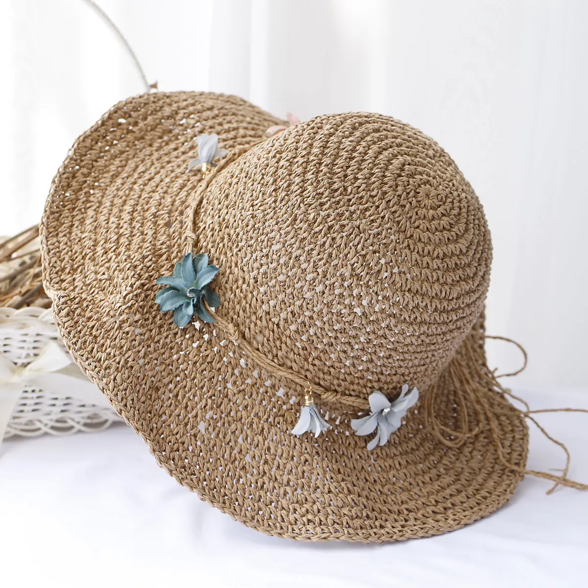 sun hat floral fashion Style bucket hat Multicolor Foldable Sun Crochet Hat For Beach, Travel And Vacation handmade straw hat