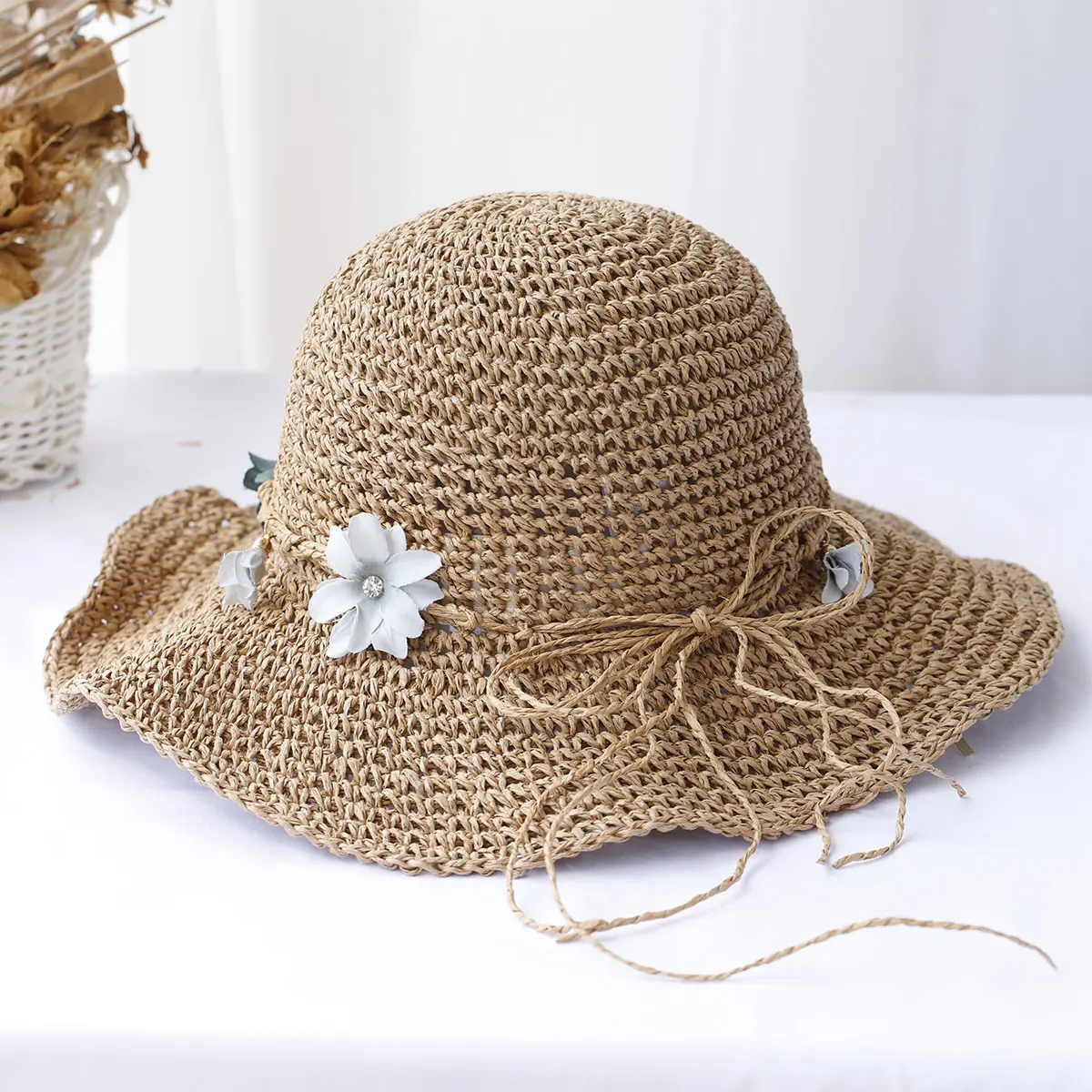 sun hat floral fashion Style bucket hat Multicolor Foldable Sun Crochet Hat For Beach, Travel And Vacation handmade straw hat