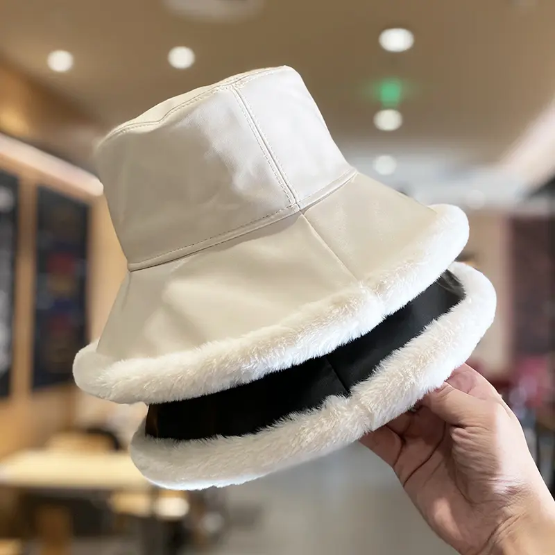 2020 Autumn Winter Bucket Hats Women PU leather Panama Hat Thick Warm Plush Fisherman Cap For Girl crimping Basin Hat kapelusz