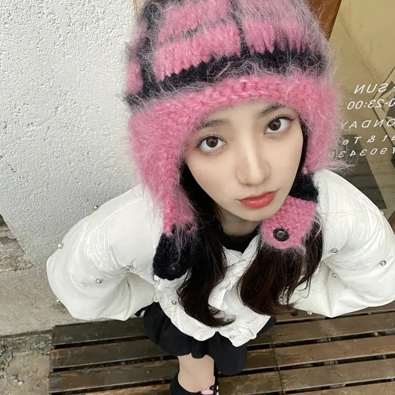 Knitted mink hair Winter hats Hat with earflaps hat Russian Winter caps fur hood hat wool Women's Bomber Hats warm Beanies cap