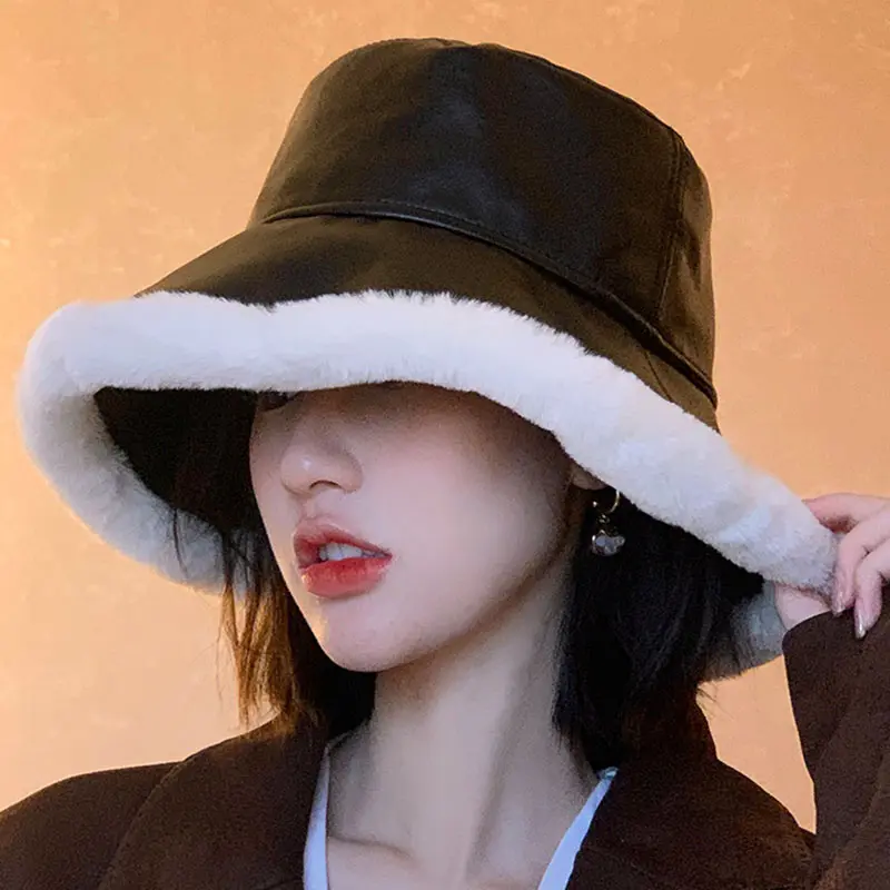 2020 Autumn Winter Bucket Hats Women PU leather Panama Hat Thick Warm Plush Fisherman Cap For Girl crimping Basin Hat kapelusz