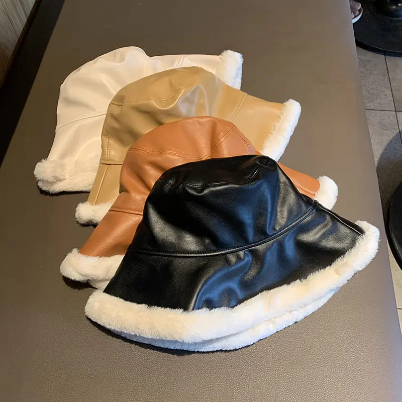 2020 Autumn Winter Bucket Hats Women PU leather Panama Hat Thick Warm Plush Fisherman Cap For Girl crimping Basin Hat kapelusz
