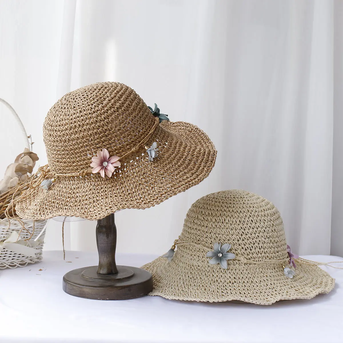 sun hat floral fashion Style bucket hat Multicolor Foldable Sun Crochet Hat For Beach, Travel And Vacation handmade straw hat