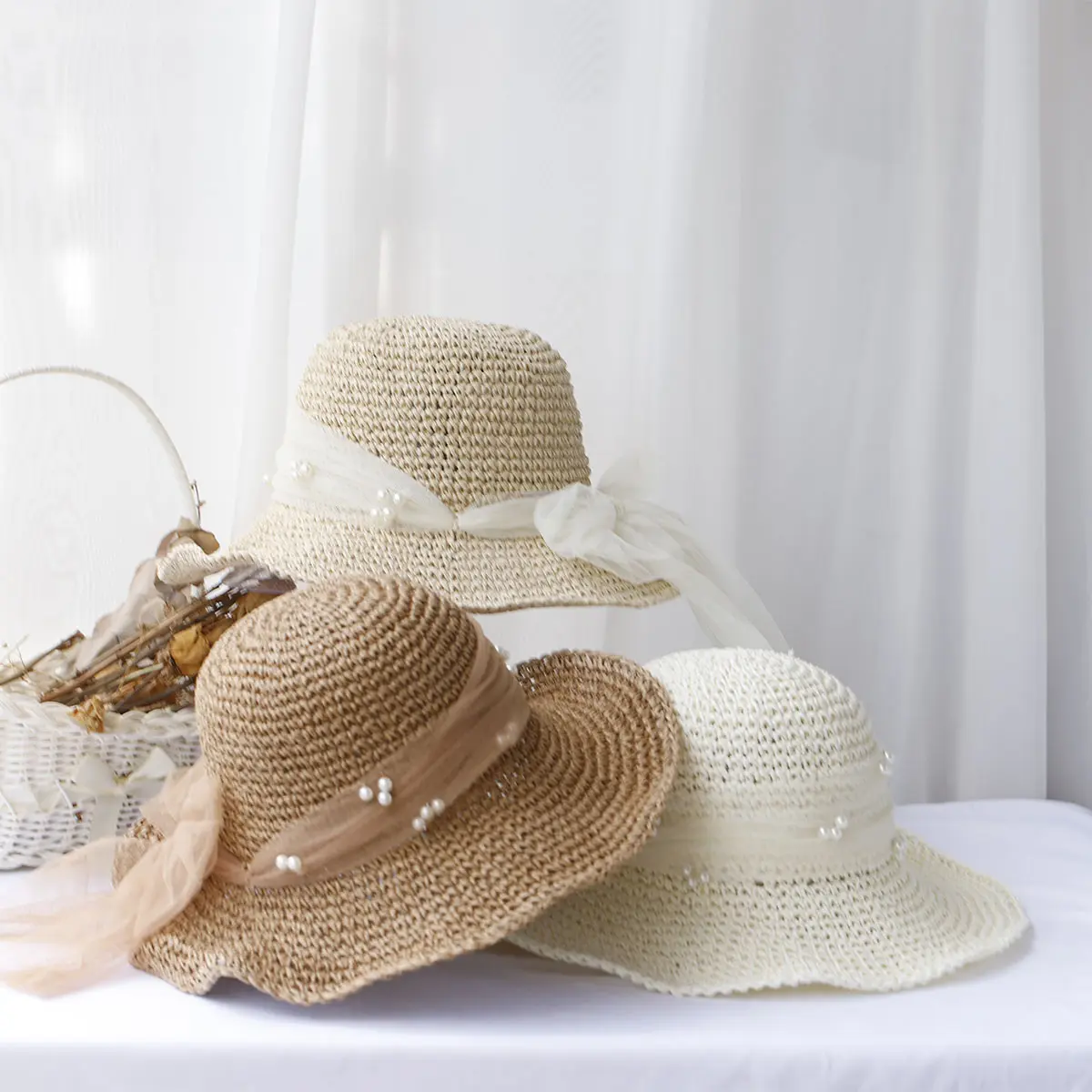 2024 New fashion Style bucket hat Multicolor Foldable Sun Crochet Hat For Beach, Travel And Vacation handmade straw hat