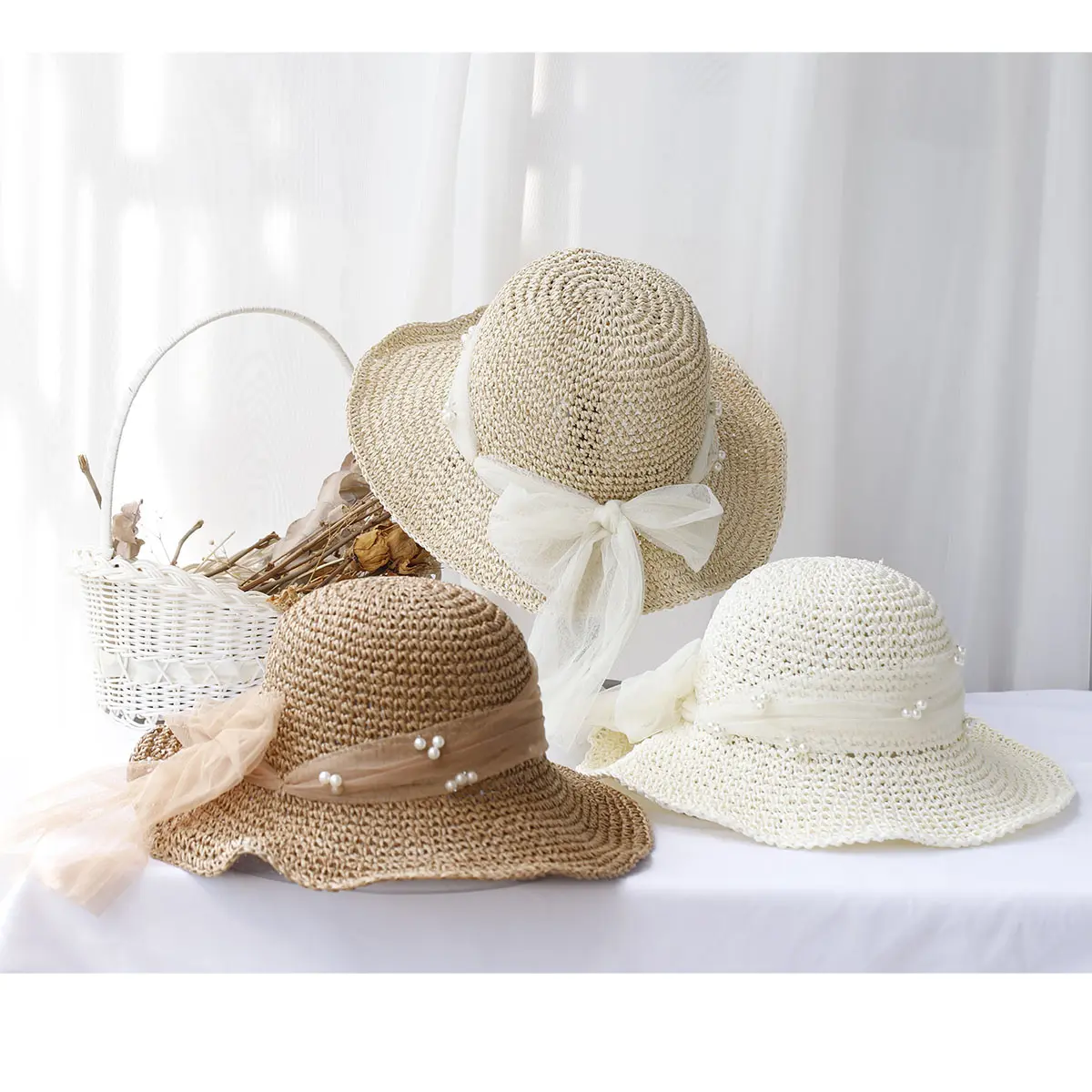 2024 New fashion Style bucket hat Multicolor Foldable Sun Crochet Hat For Beach, Travel And Vacation handmade straw hat