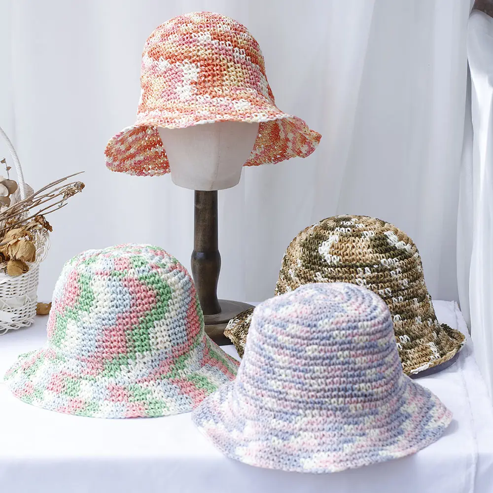 Rainbow Hat Tie dyeing New fashion Style  Bucket Hats Foldable Sun Crochet Hat For Beach, Travel And Vacation handmade straw hat