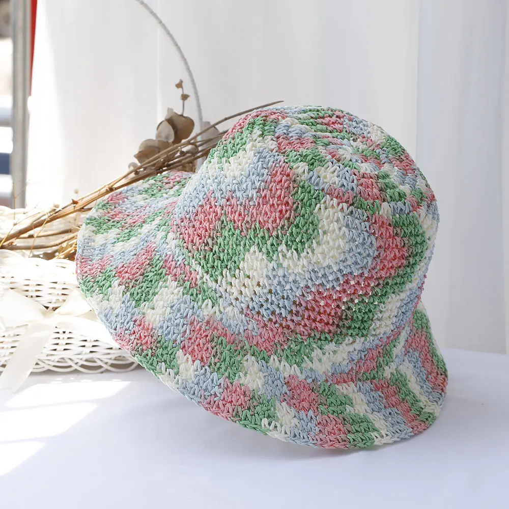 Rainbow Hat Tie dyeing New fashion Style  Bucket Hats Foldable Sun Crochet Hat For Beach, Travel And Vacation handmade straw hat