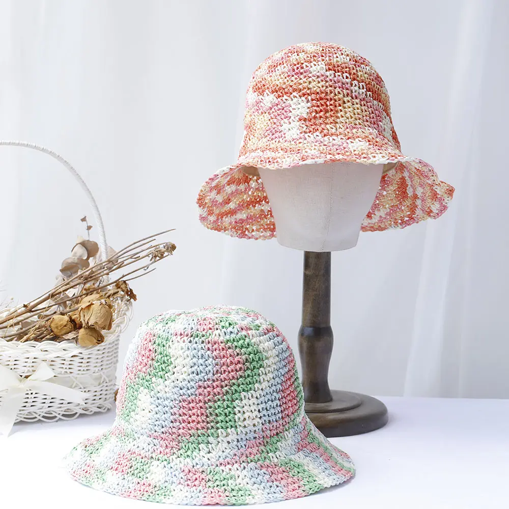 Rainbow Hat Tie dyeing New fashion Style  Bucket Hats Foldable Sun Crochet Hat For Beach, Travel And Vacation handmade straw hat