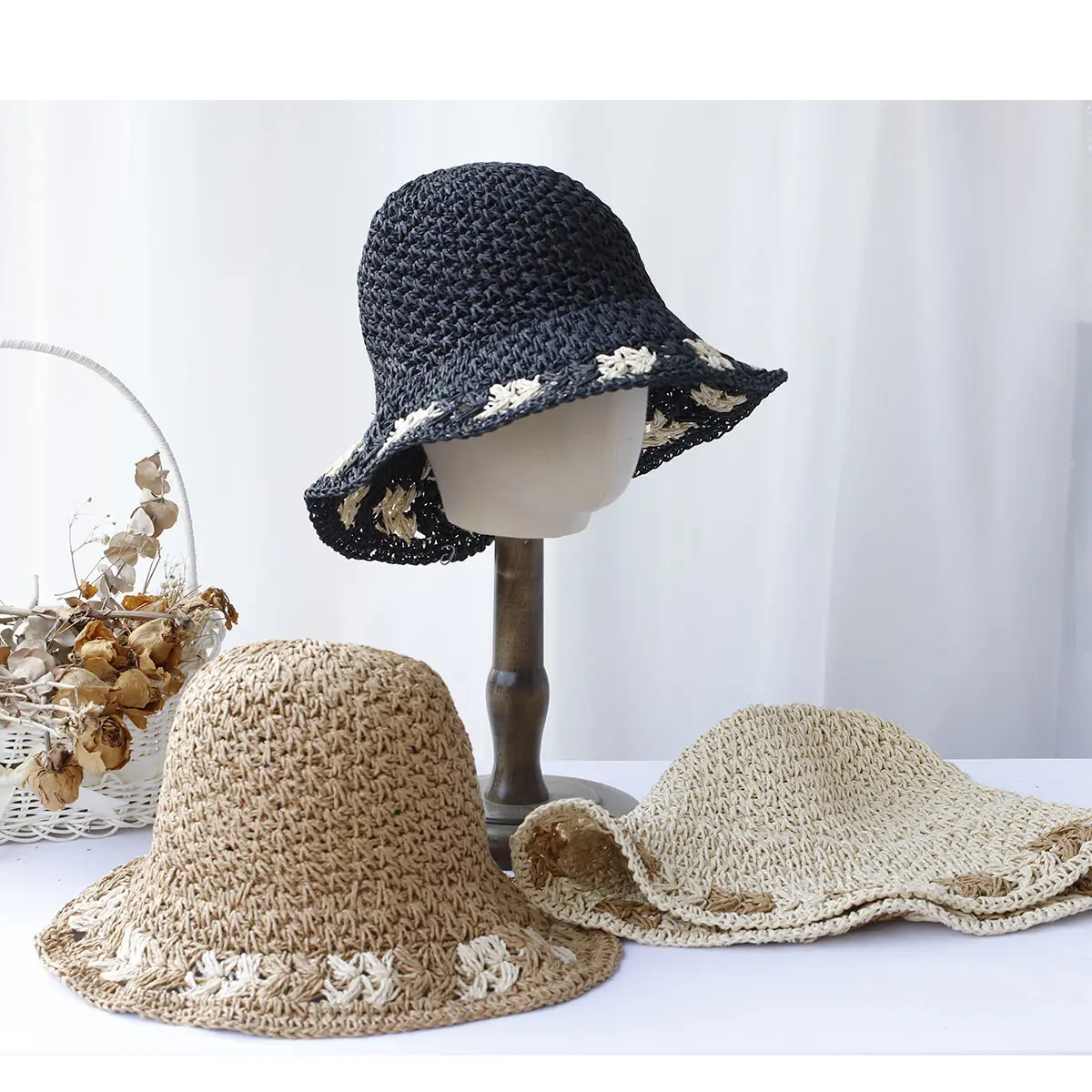 2024 New fashion Foldable bucket hat UV Protection sun hat For Beach,Travel And Vacation handmade straw hat