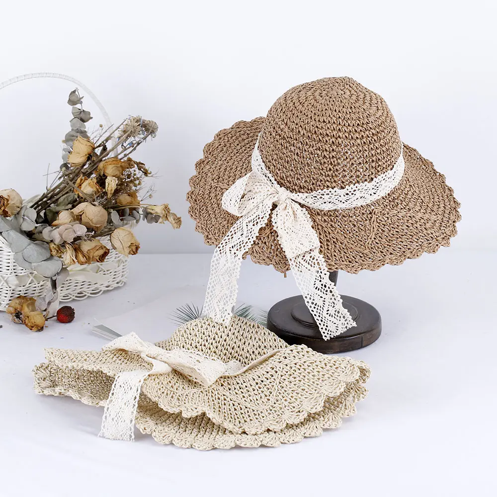 new bow Women's summer hat bucket hat women's hats for the sun sun hat Large eaves Straw hat Hat for girl Lace strap Hiking hat