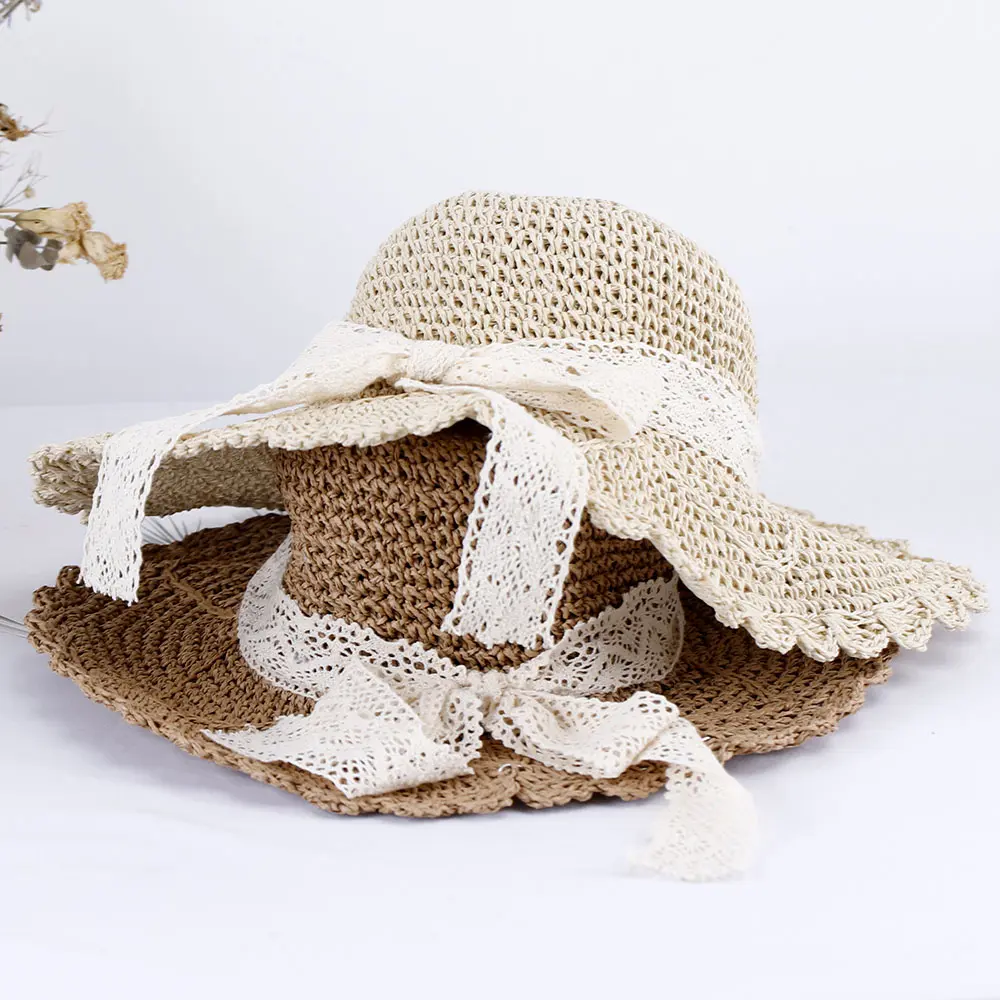 new bow Women's summer hat bucket hat women's hats for the sun sun hat Large eaves Straw hat Hat for girl Lace strap Hiking hat