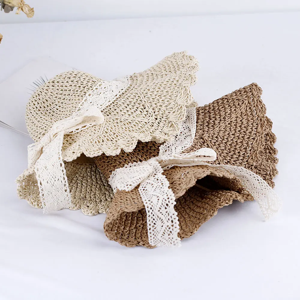 new bow Women's summer hat bucket hat women's hats for the sun sun hat Large eaves Straw hat Hat for girl Lace strap Hiking hat