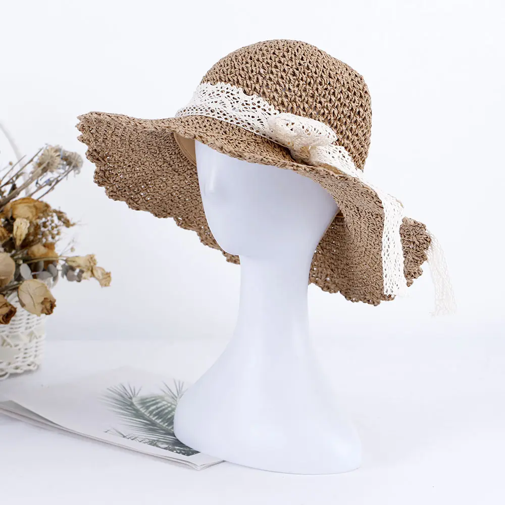 new bow Women's summer hat bucket hat women's hats for the sun sun hat Large eaves Straw hat Hat for girl Lace strap Hiking hat