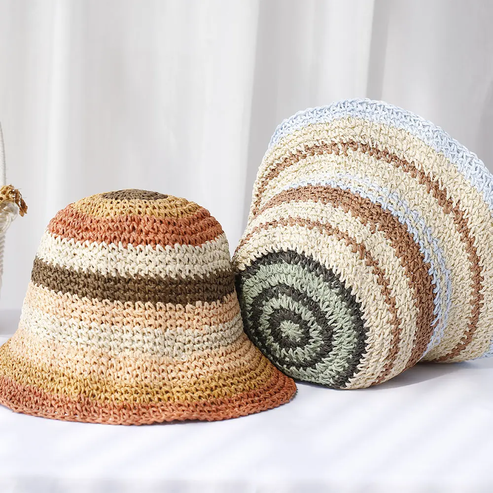 2024 New Korean Style Multicolor Foldable Sun Crochet Hat For Beach, Travel And Vacation handmade straw hat