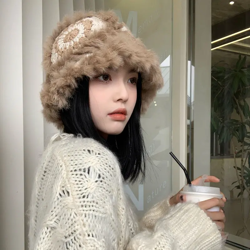 2021 Handmade hook flower 100% Natural Fur Hats Knitted Warm Genuine Mink Fur Cap Russian Women Luxury Panama Fur Hat wool kpop