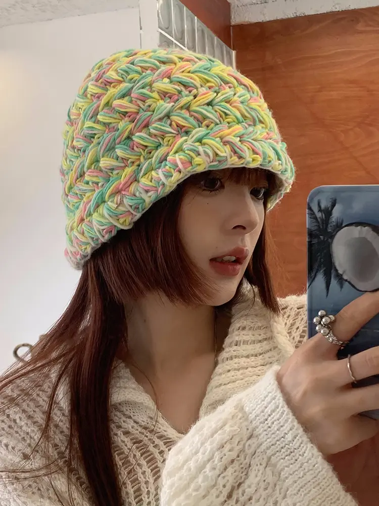 2020 New Winter Knitted Panama Hat Women Fashion colour Warm Breathable Bucket Hats Female Outdoor Basin Hat Sunscreen Sun Caps