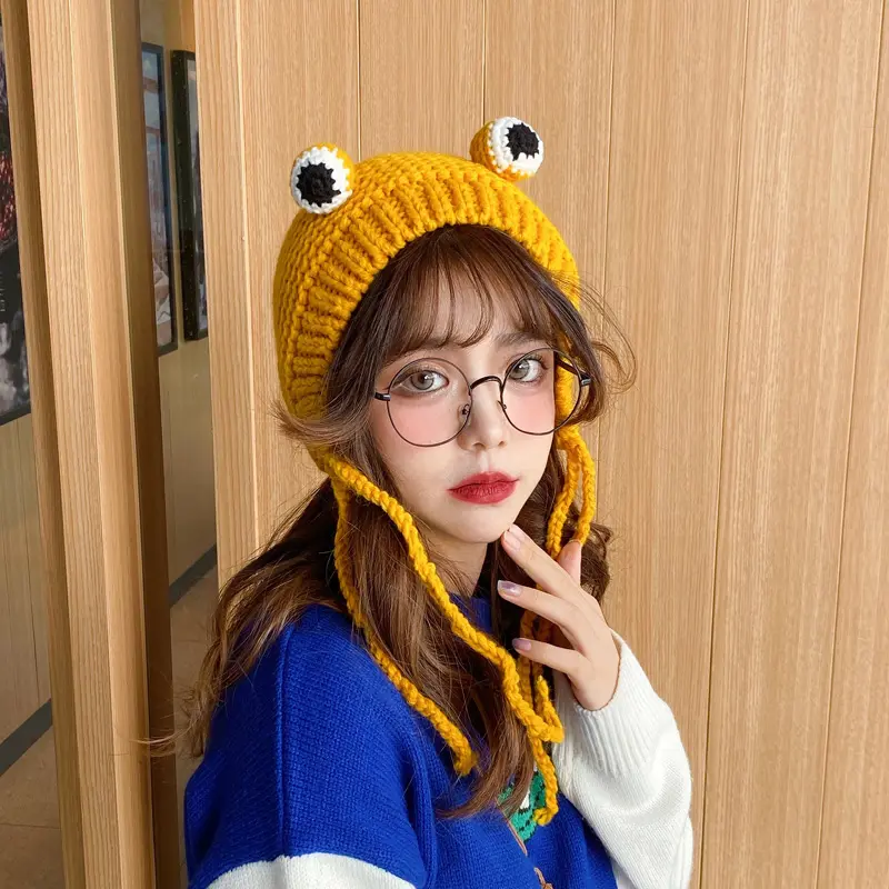 2020 women's hats winter with pompon Cute Frog Hat Crochet Large Knitted for girls Costume Beanie christmas fashion Hats Cap