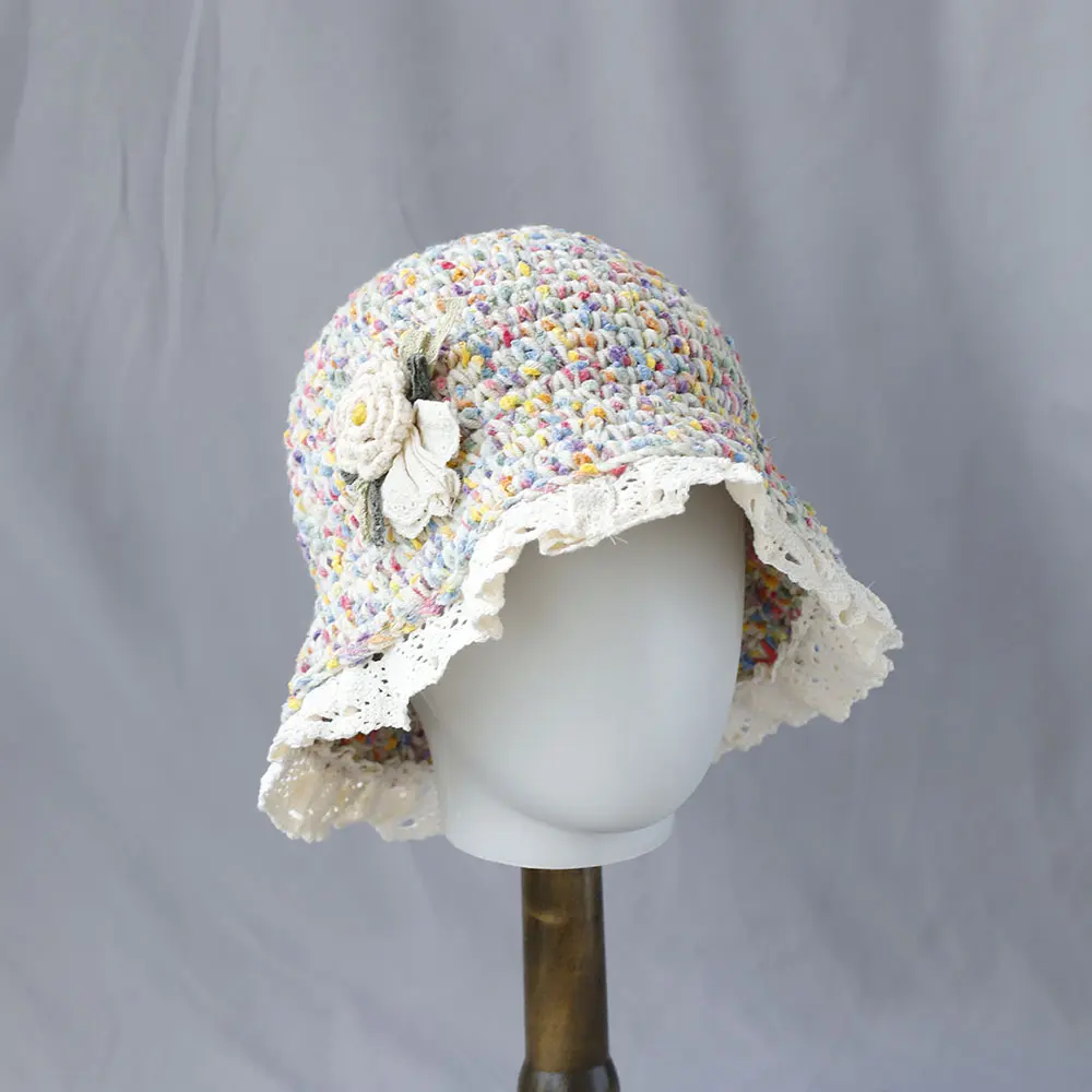 2025 new Autumn Winter Colored Handmade with flower Knitted Bucket Hats Versatile Crochet Thick Women Fisherman Hats