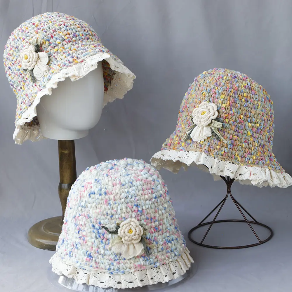 2025 new Autumn Winter Colored Handmade with flower Knitted Bucket Hats Versatile Crochet Thick Women Fisherman Hats