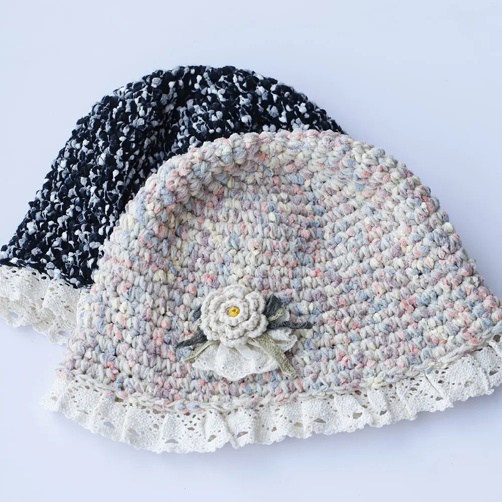 2025 new Autumn Winter Colored Handmade with flower Knitted Bucket Hats Versatile Crochet Thick Women Fisherman Hats