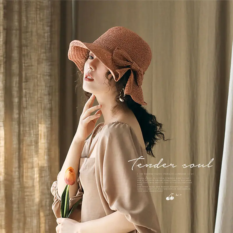 2020Parent-child 100%Raffia Bow Sun Hat Wide Brim Floppy Summer Hats For Women Beach Panama Straw Dome Bucket Hat Shade Hat