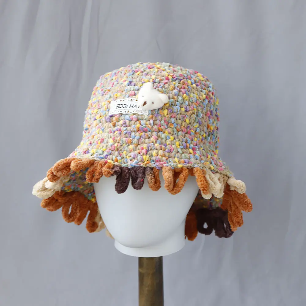 2025 Y2K Autumn Winter Colored Handmade Striped Knitted Bucket Hats Versatile Crochet Thick Women Fisherman Hats