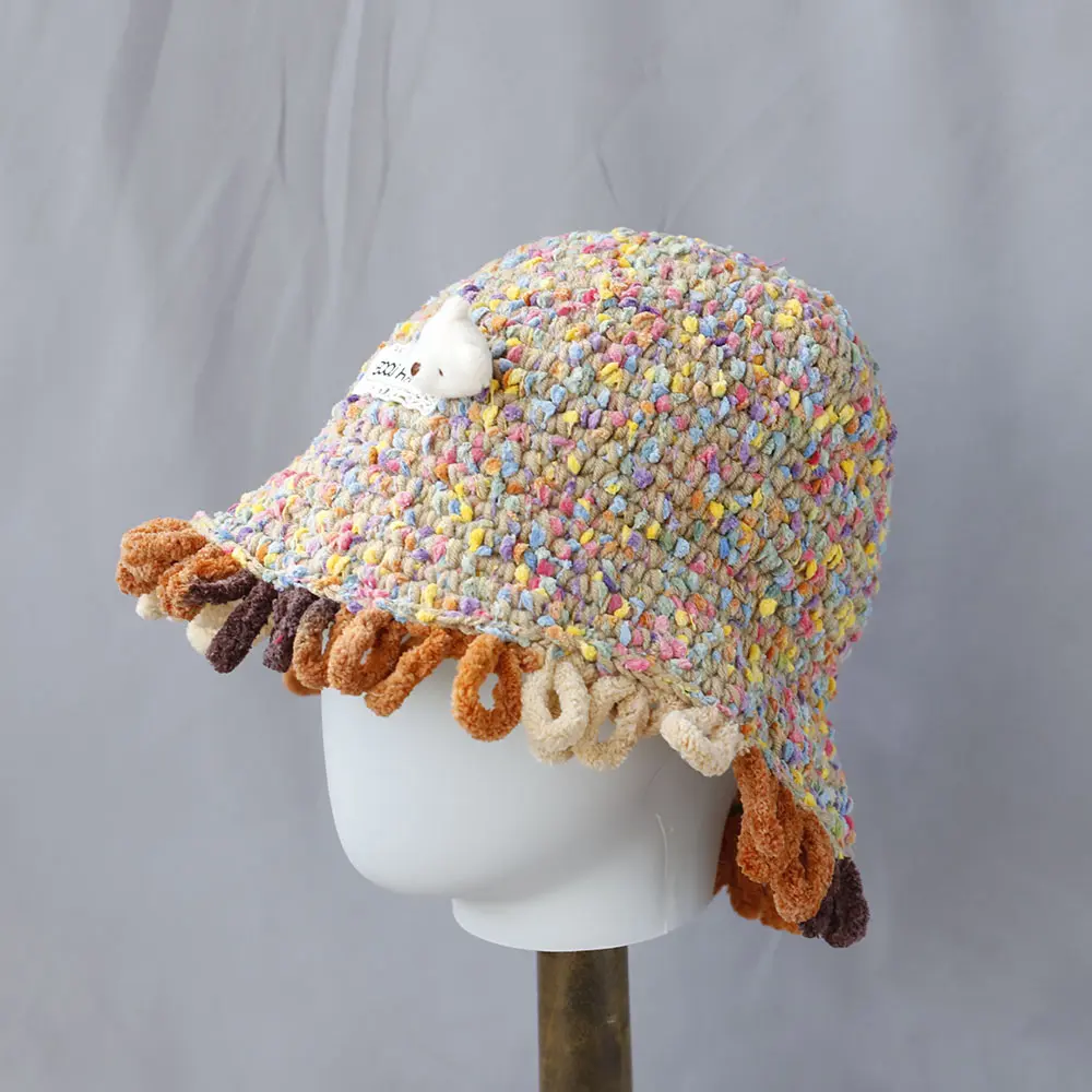 2025 Y2K Autumn Winter Colored Handmade Striped Knitted Bucket Hats Versatile Crochet Thick Women Fisherman Hats