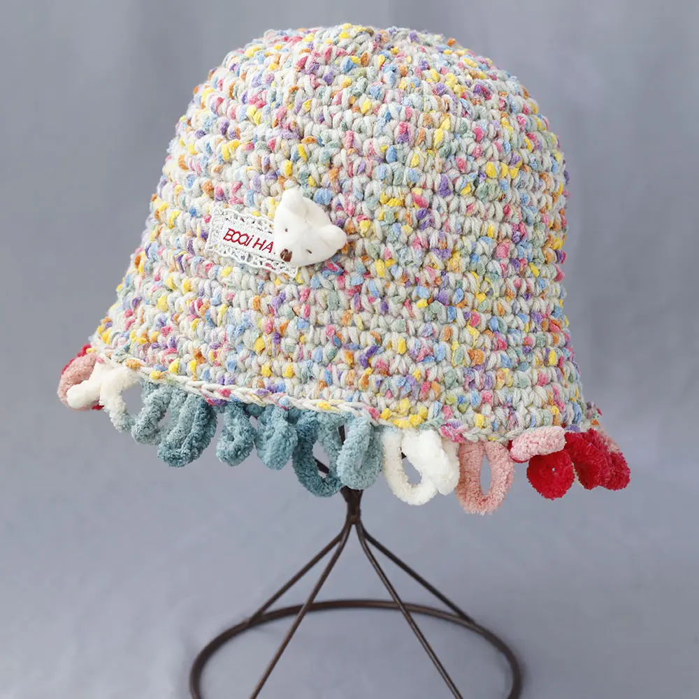 2025 Y2K Autumn Winter Colored Handmade Striped Knitted Bucket Hats Versatile Crochet Thick Women Fisherman Hats