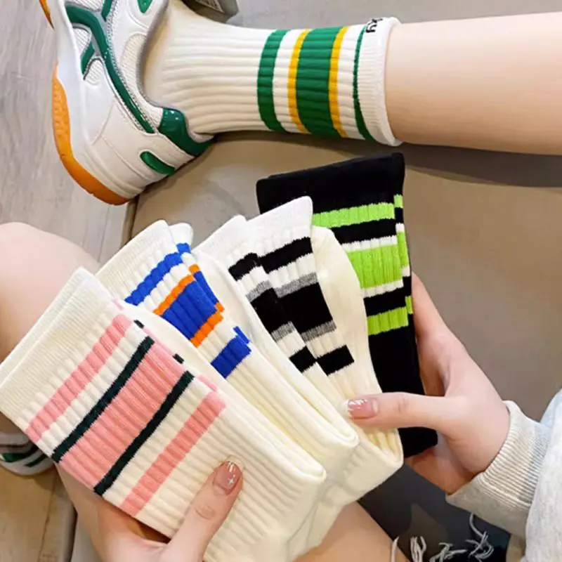 5Pairs/Set White Striped Socks Women Korean INS Middle Tube Sock Female Spring Autumn Soft Cotton Sport Socks